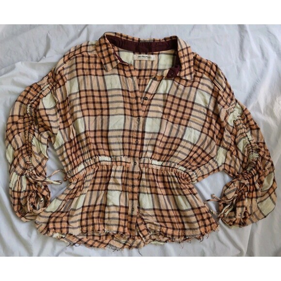We The Free Pacific Dawn Peach Brown Plaid Button Down Top Boho Women's Shirt L - Picture 2 of 12